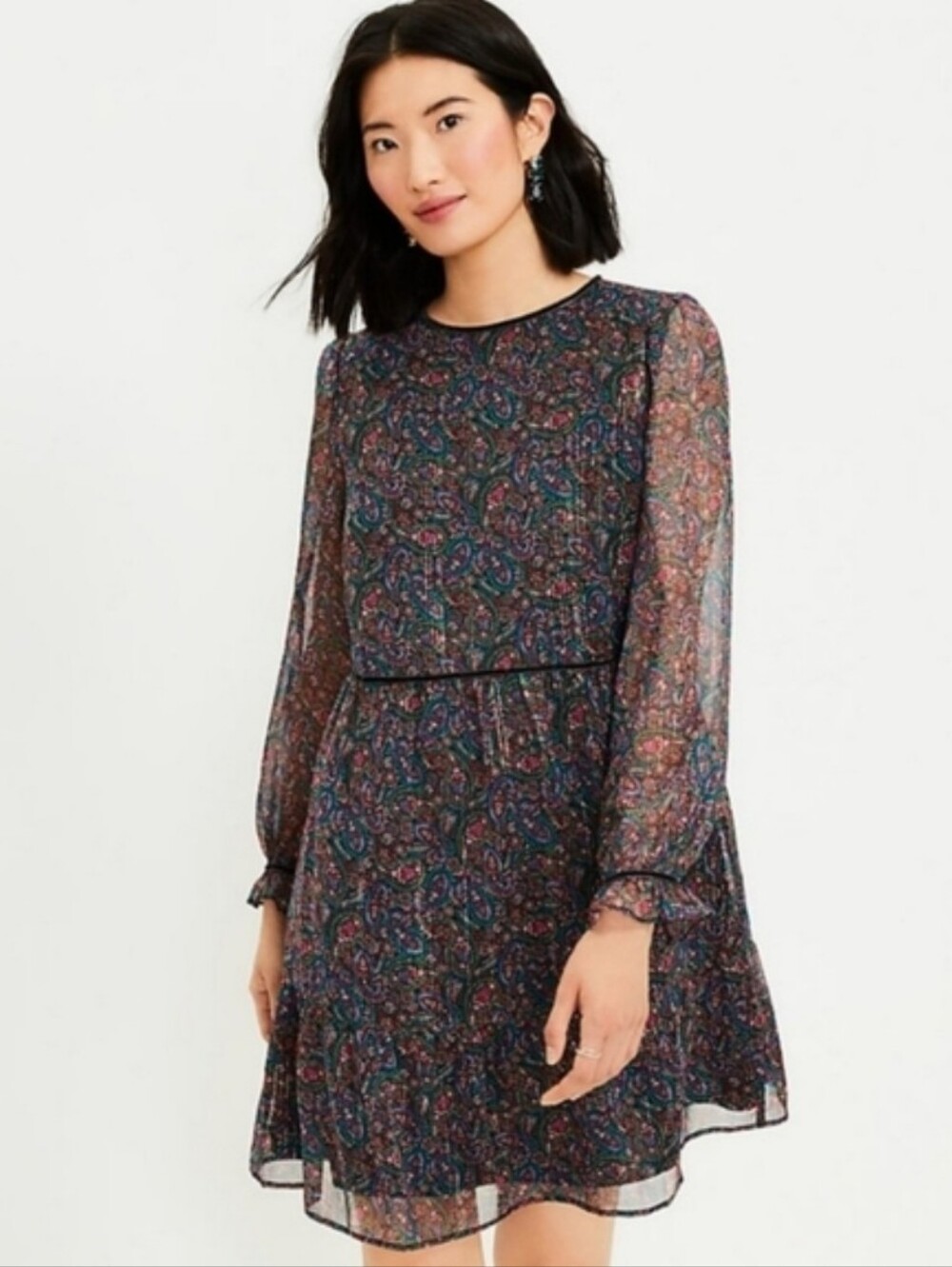 Loft multicolored metallic shimmer paisley velvet trim dress with sheer sleeves
